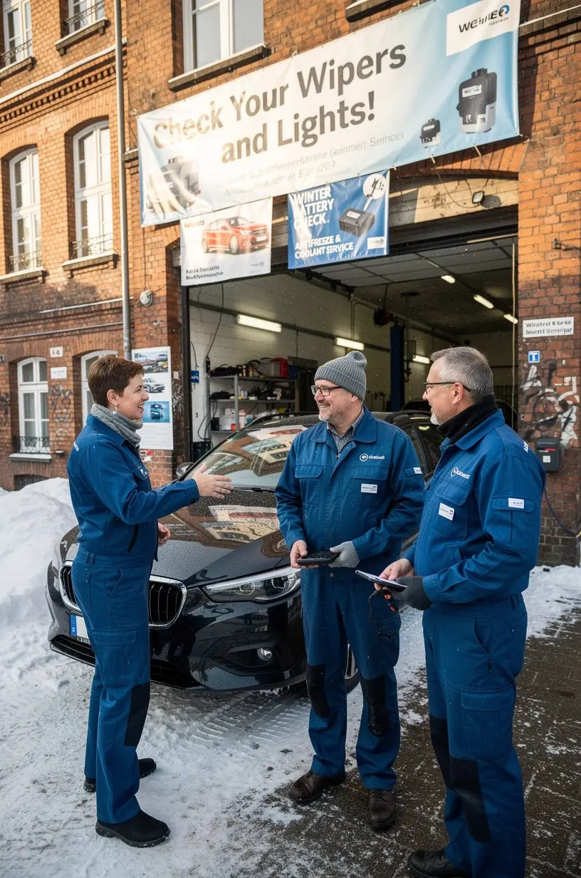 Mitarbeiter erklärt Kunden die wichtige Winterwartung für sichere Fahrten in Deutschland.