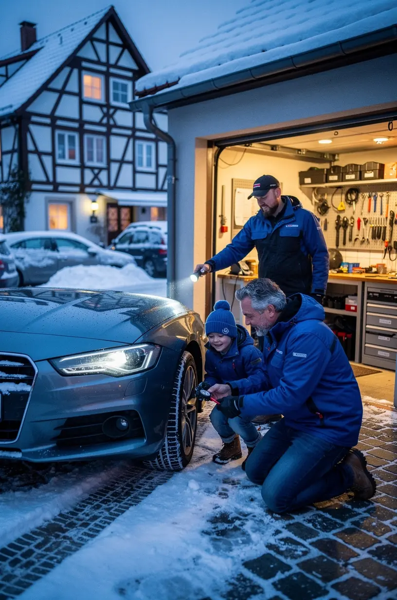 Techniker testet die Autobatterie für optimale Leistung bei kalten Temperaturen.